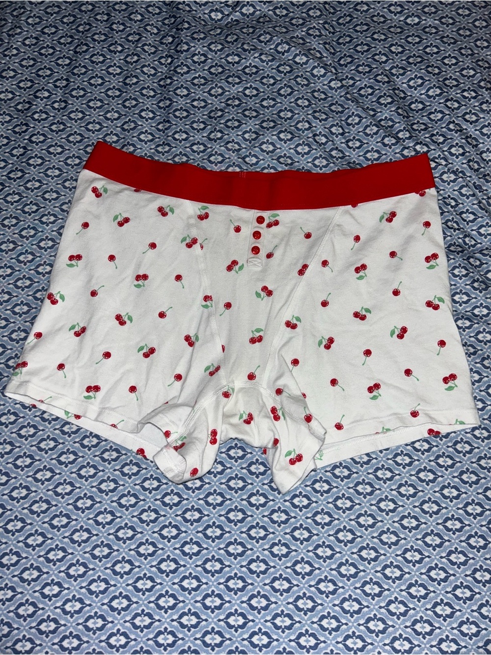 aerie White Boxer Briefs with Red Cherry Print and Red Waistband